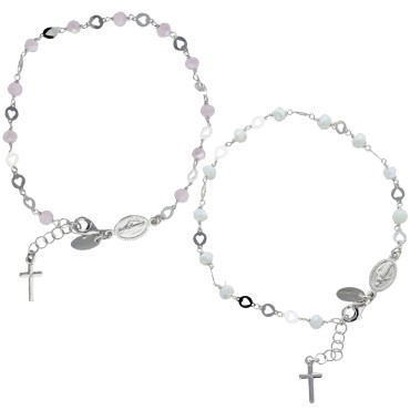 Bracelet argent 925 °/°° ajustable sur chaine, grains facettes Ø 3 mm (3 g), avec medaille VM & croix + boîte. 2 teintes dispos.